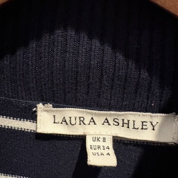 Laura Ashley Sweater Women Small Navy Striped Button Shoulder Mock Neck Nautical - Picture 2 of 11